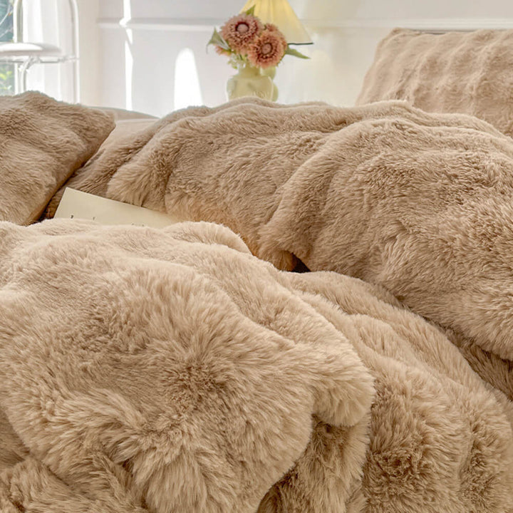 Complete bedding set: plush faux rabbit fur duvet cover, sheet, pillowcases.