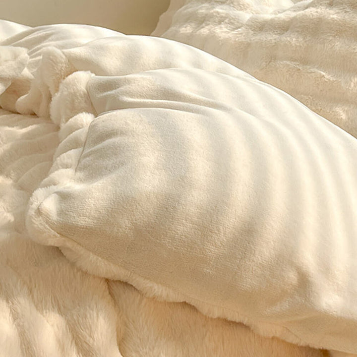 Close-up of soft rabbit faux fur texture on a duvet cover set.