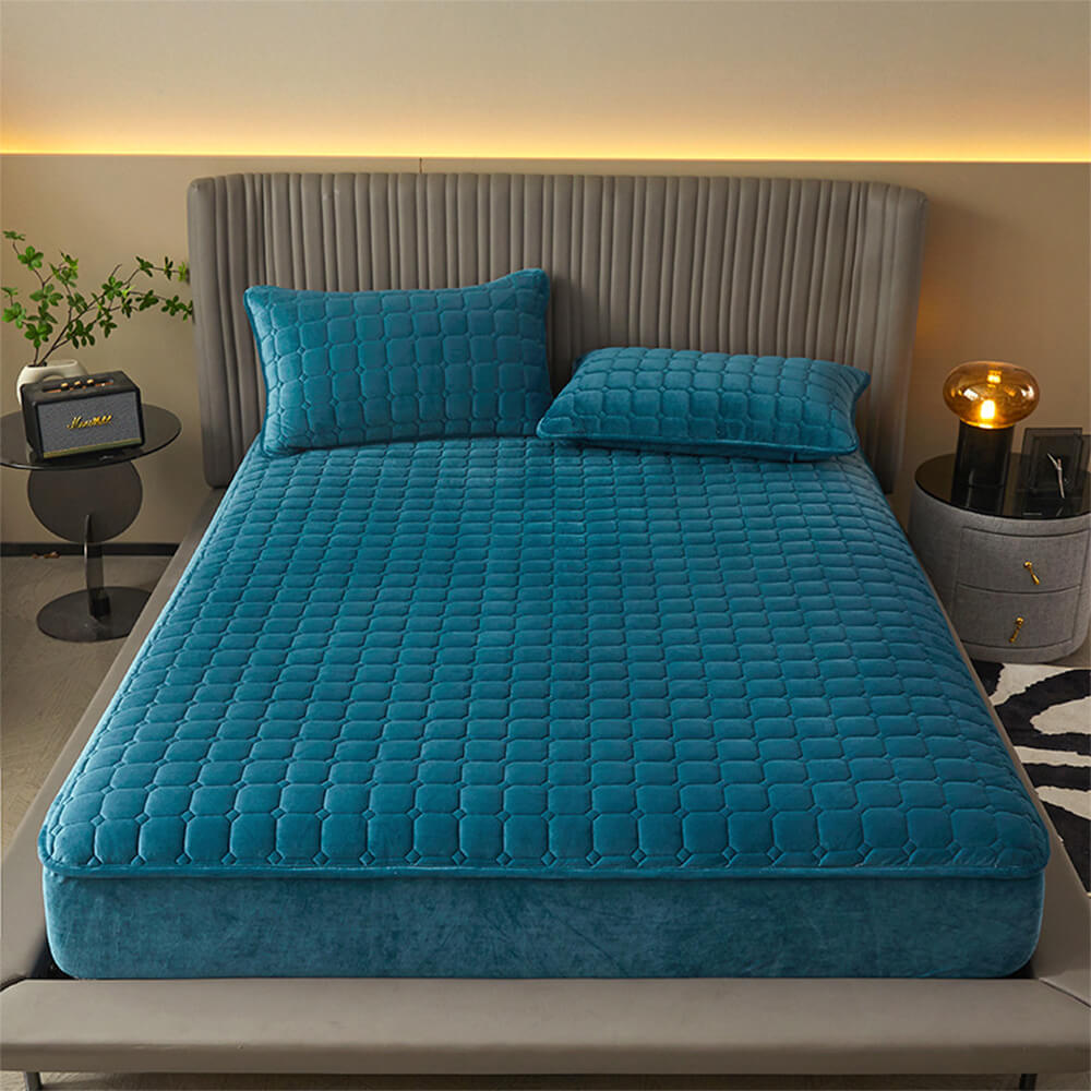 Warm polyester velvet fitted sheet in a rich brown hue, draped over a mattress for snug fit.