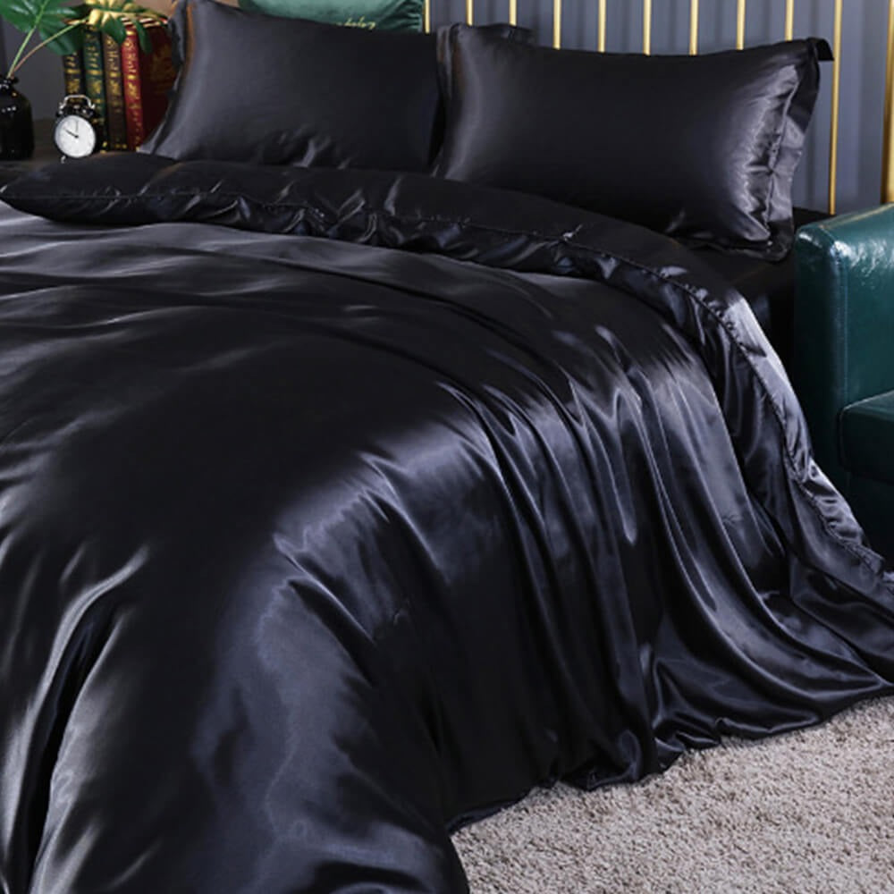 Unisex satin bed sheet set showcasing various colors, ideal for luxury decor and a comfortable night's sleep.