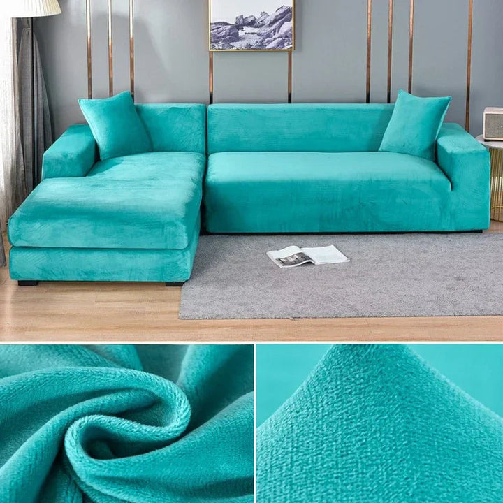 Modern living room decor: a stretch velvet couch cover protecting your furniture.