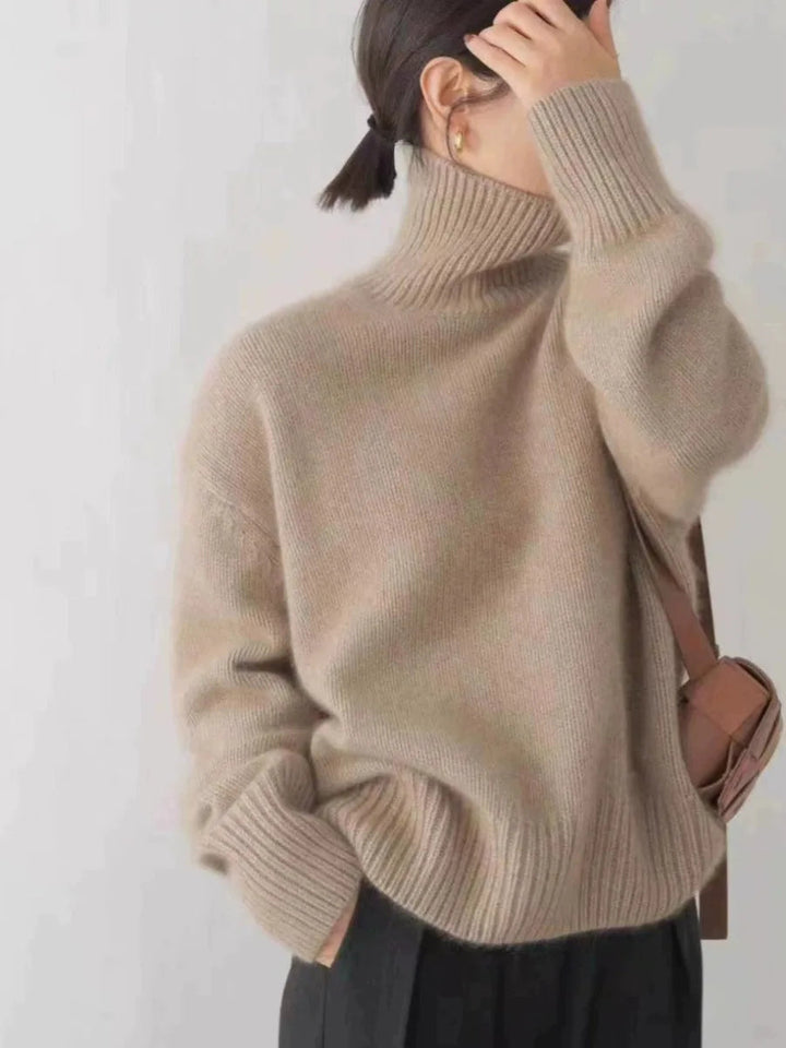 Elegant neutral women's turtleneck sweater. Soft, luxurious, and warm for fall and winter.