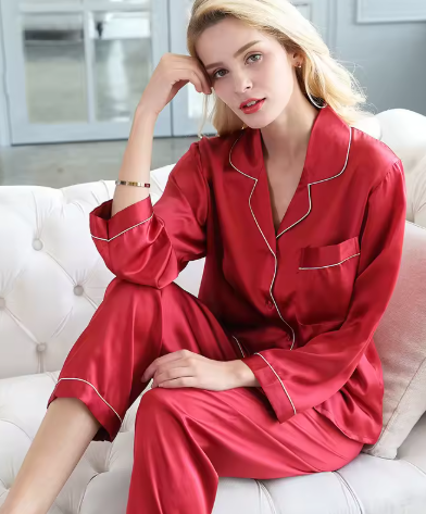 Elegant silk pajamas set for women, featuring smooth, breathable fabric for ultimate luxury sleep.