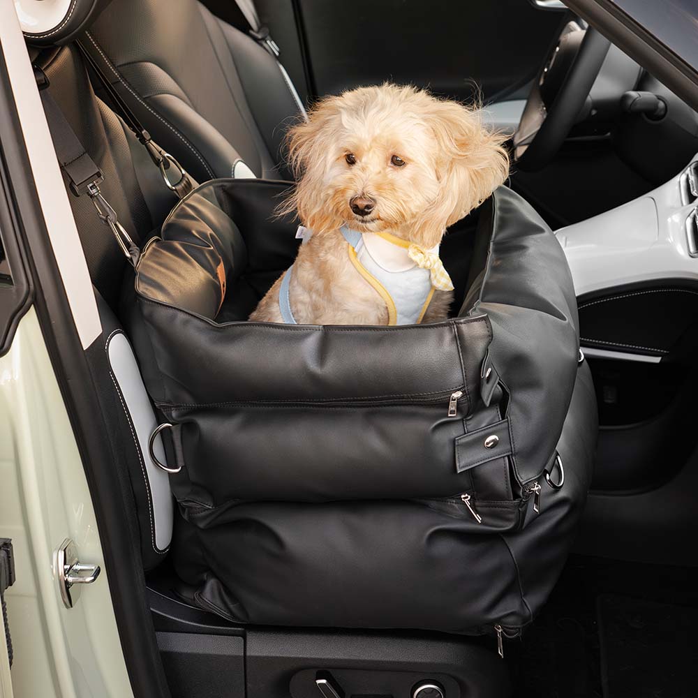 Comfortable dog travel bed in durable leather for car journeys