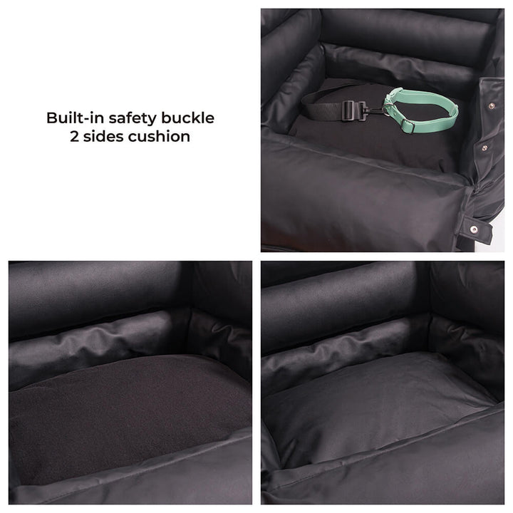 Tan leather dog car seat and travel bed, with washable cover