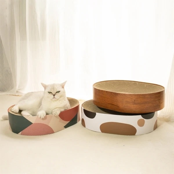 Luxury cardboard cat scratcher bed for relaxation, modern pet furniture for cat comfort and claw care.