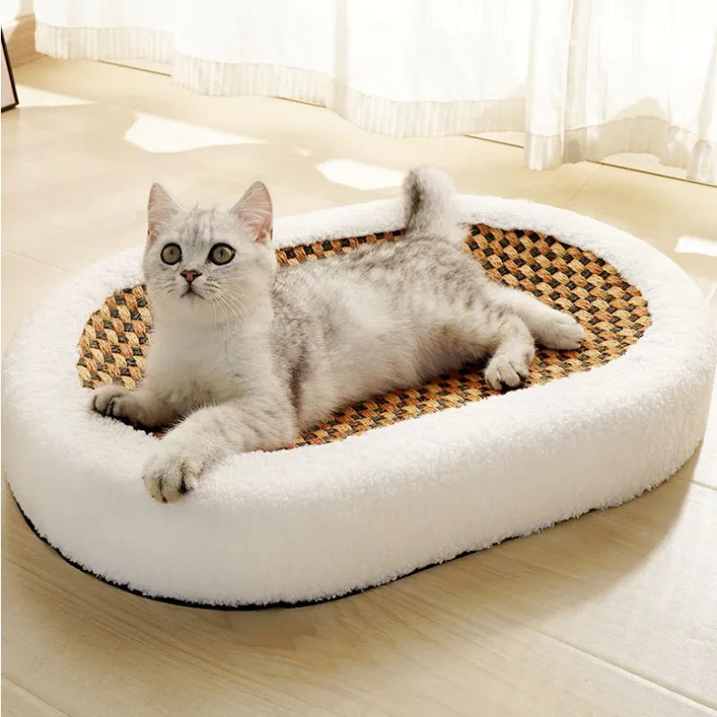 Luxury cat bed with integrated scratching pad, plush cushion, modern pet furniture for feline comfort.