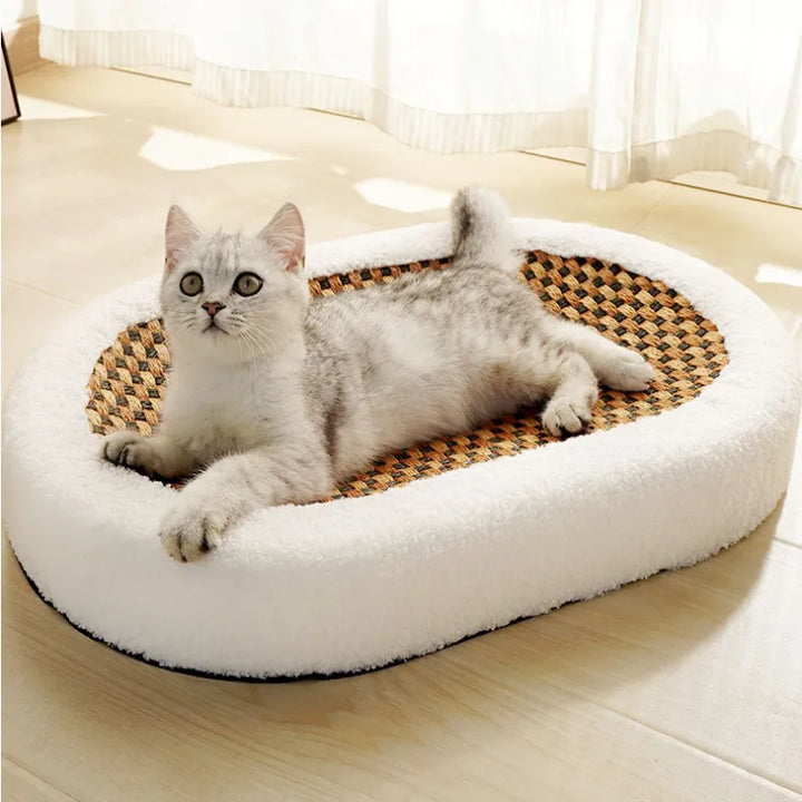 Luxury cat bed with integrated scratching pad, plush cushion, modern pet furniture for feline comfort.