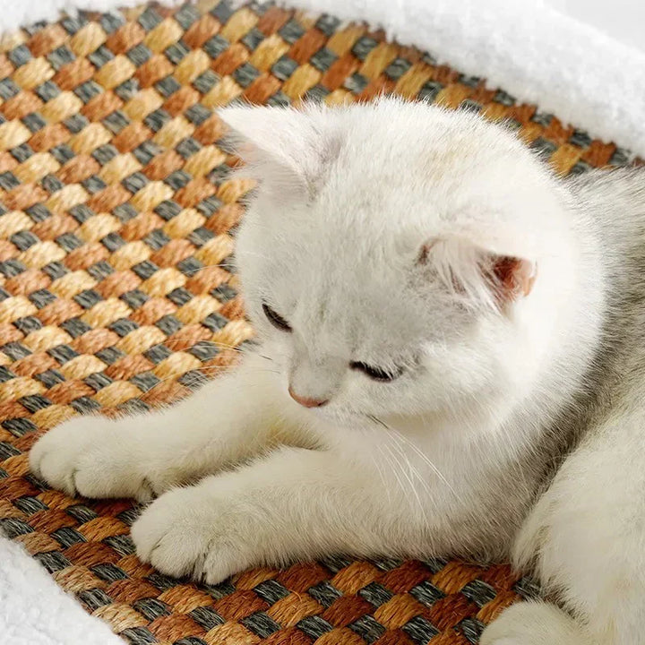 Elegant grey luxury cat bed with built-in scratching pad, providing a comfortable and engaging space for cats.