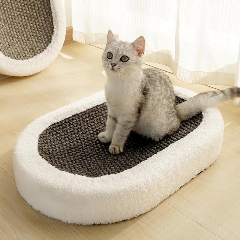 Close-up of a sturdy cat scratching pad integrated into a soft, luxurious cat bed, pet accessories.