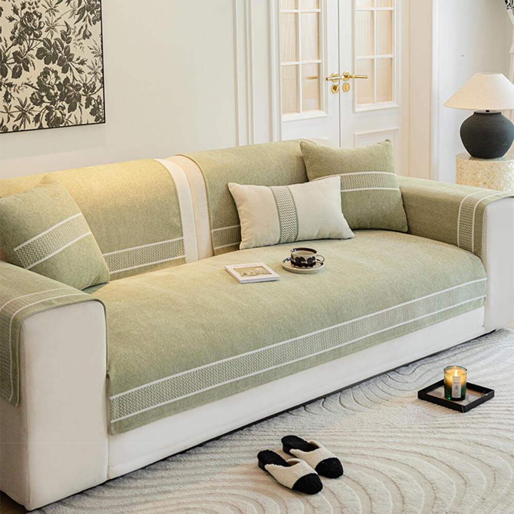 Full view of a living room with a chenille jacquard scratch-resistant sofa cover, home decor focus.