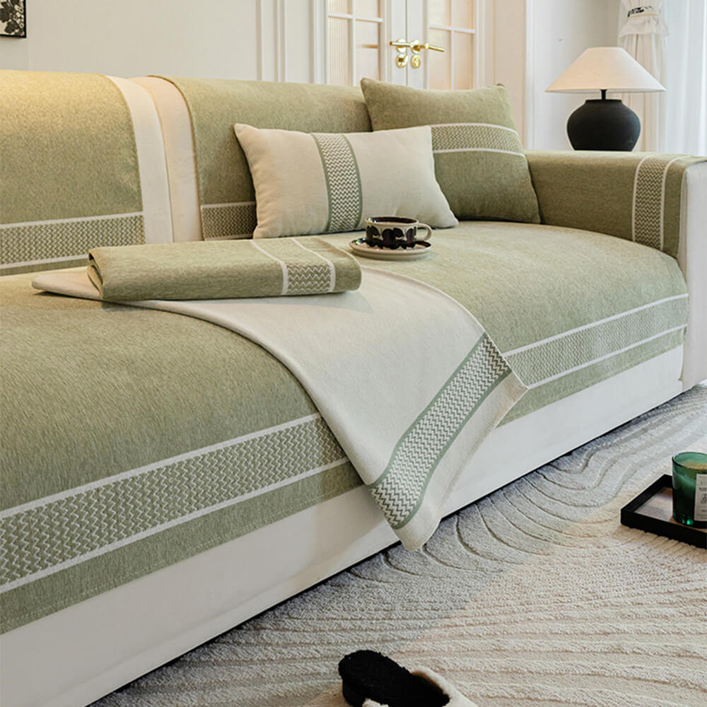 Detail of the non-slip backing on a chenille jacquard scratch-resistant couch cover.