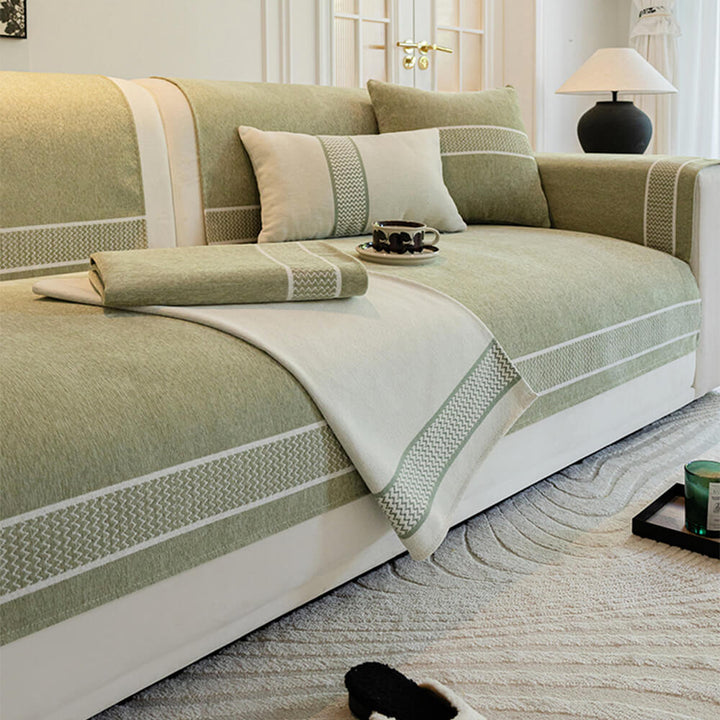 Detail of the non-slip backing on a chenille jacquard scratch-resistant couch cover.