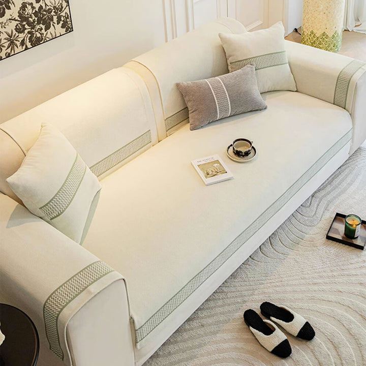 Modern home decor featuring a chenille jacquard scratch-resistant sofa cover on a contemporary couch.