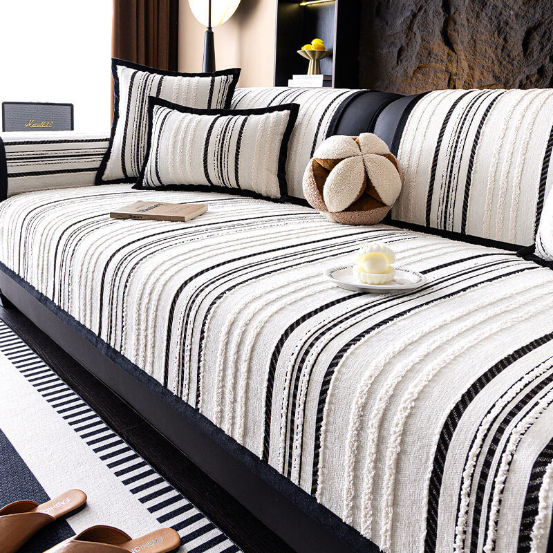 Luxury chenille sofa couch cover, non-slip furniture protector in a cozy living room.
