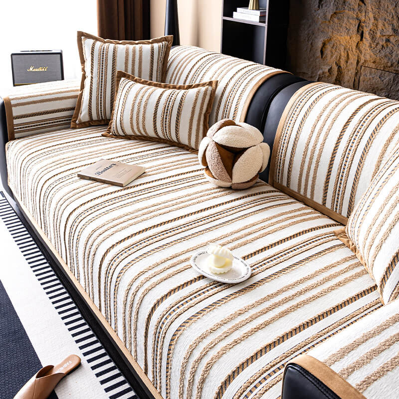 Close-up of chenille fabric on a couch cover, showcasing its luxury non-slip texture.