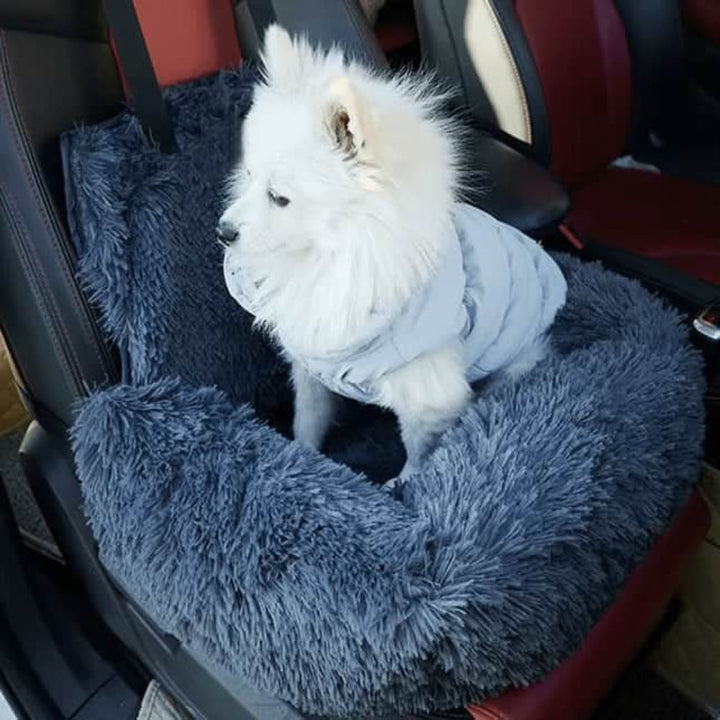 Luxury dog calming car seat bed for travel anxiety relief, plush and secure for small dogs, grey.