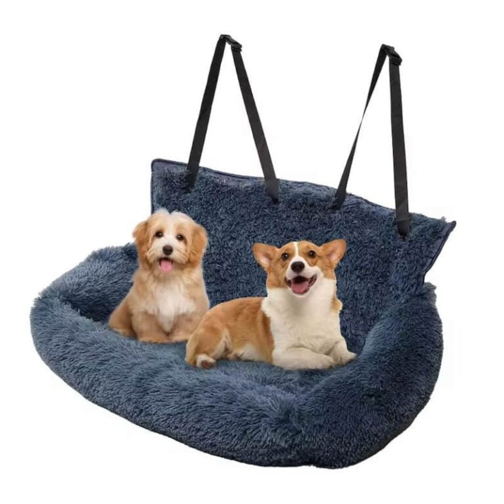 Soft, supportive calming dog car bed, perfect for pet travel, reducing anxiety on long journeys.