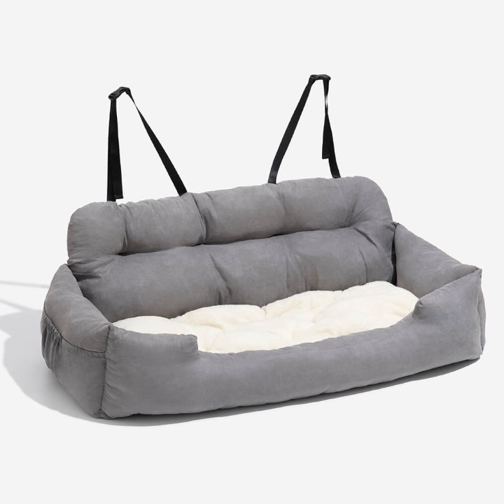 Safe dog car seat, plush & secure, ensuring pet safety during travel. Washable.