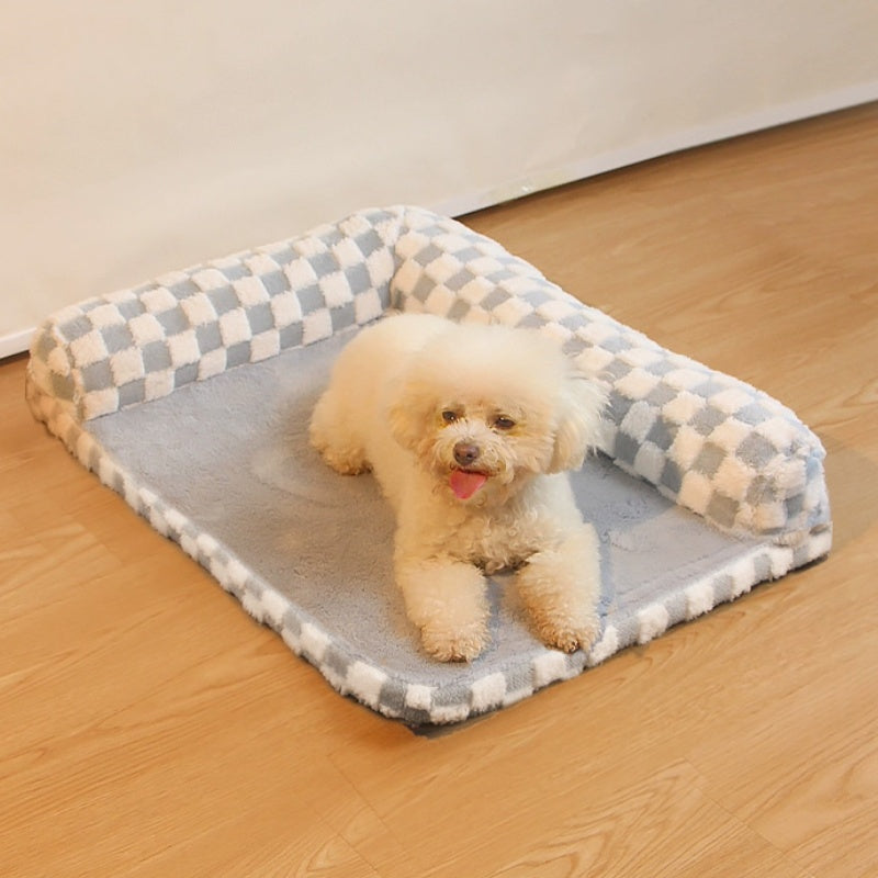 Plush Dog Chequerboard Pet Bed with neck guard, ideal for large dogs