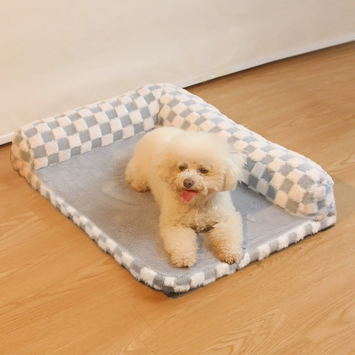 Plush Dog Chequerboard Pet Bed with neck guard, ideal for large dogs