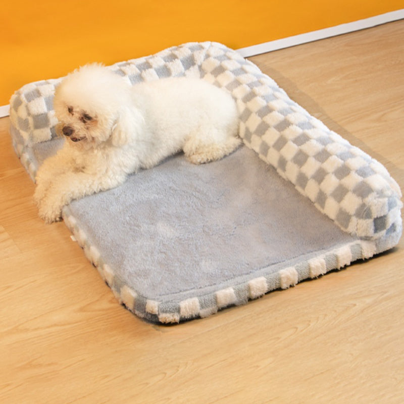 Comfortable Chequerboard Dog Bed, easy clean, non-slip base, neck support for pets
