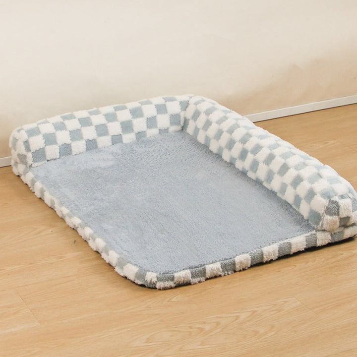 Easy clean Chequerboard Dog Bed with neck support, non-slip for pet safety & comfort