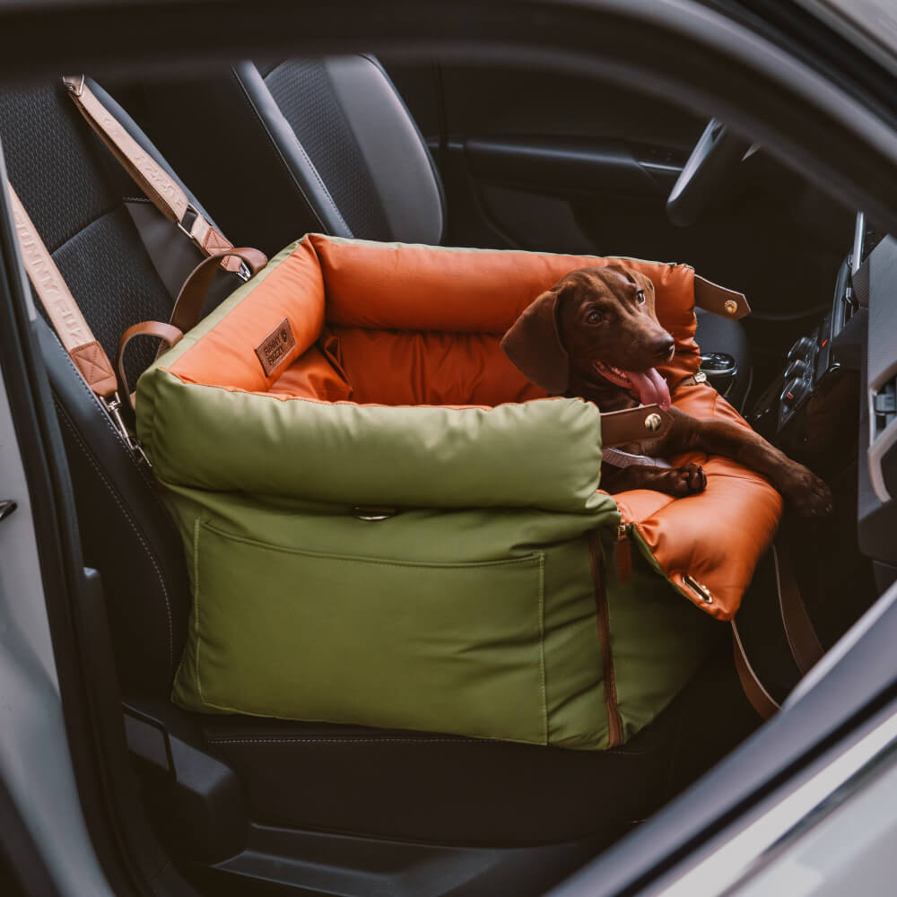 PawLuxury pet booster seat, comfortable for small & medium dogs on car trips.