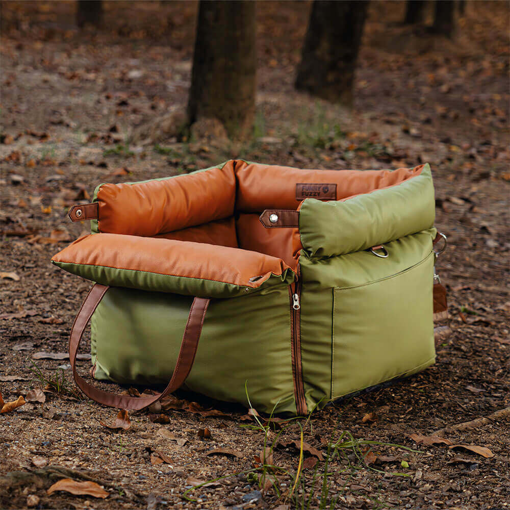 Elevated pet car seat, providing a secure and cozy spot for medium dog travel.