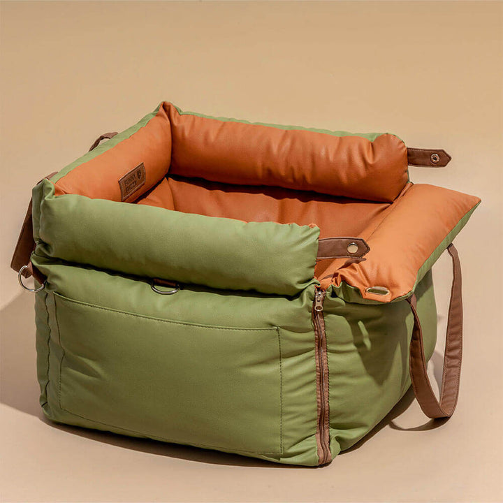 Safe faux leather dog car seat, perfect for stress-free pet travel.