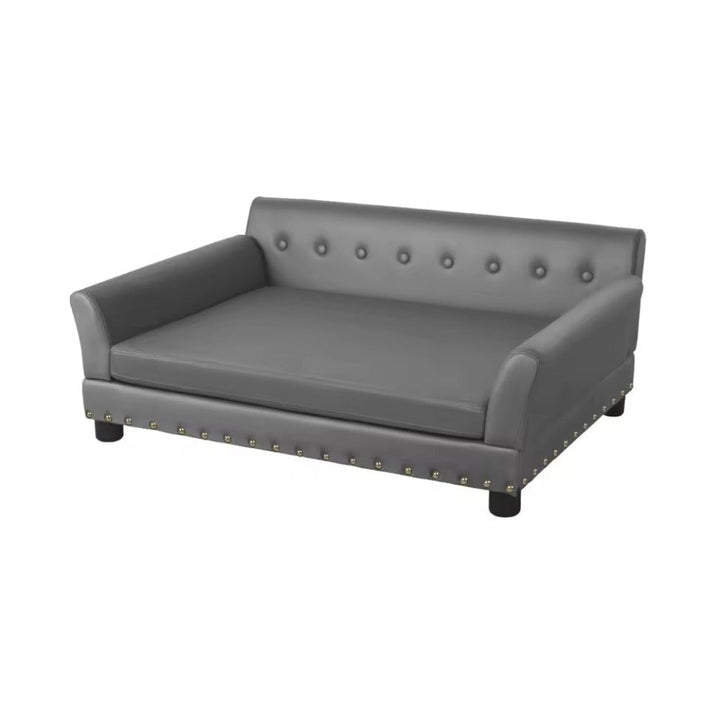 Durable brown leather elevated dog sofa, a luxurious pet furniture piece for ultimate canine comfort.