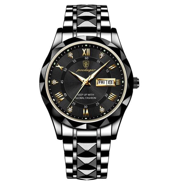 Profile view of men's luxury watch, showcasing its waterproof casing, luminous dial, and date window.