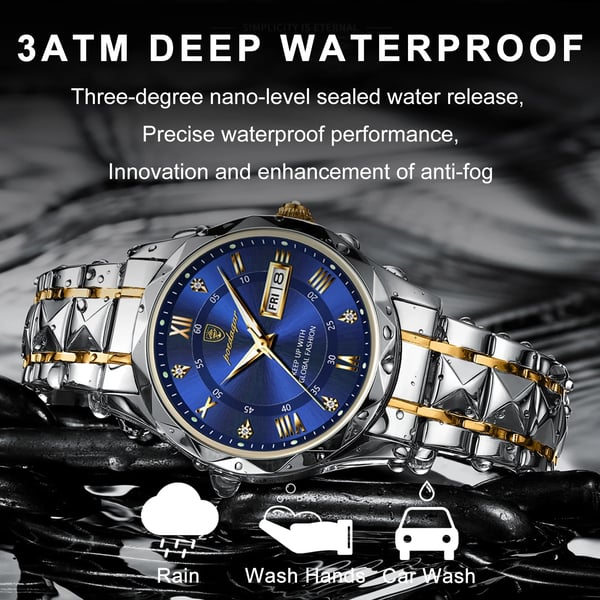 Elegant men's quartz watch, waterproof, luminous hands, and clear date display. Durable and stylish.