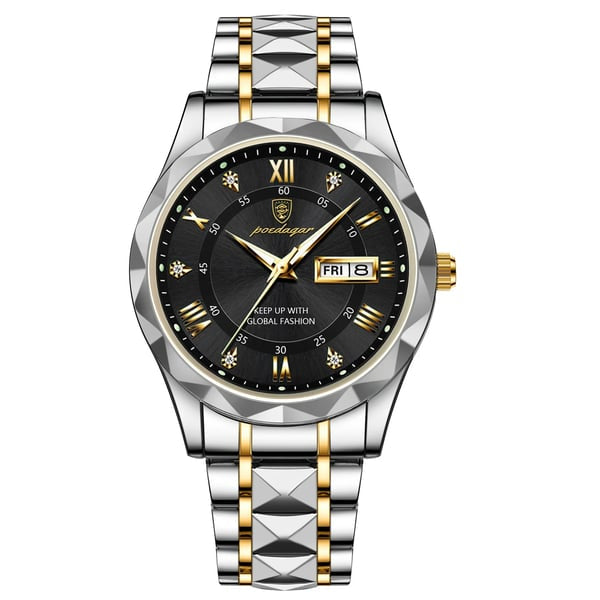 Close-up of men's luxury watch dial, luminous hands & markers, clear date display, waterproof feature.
