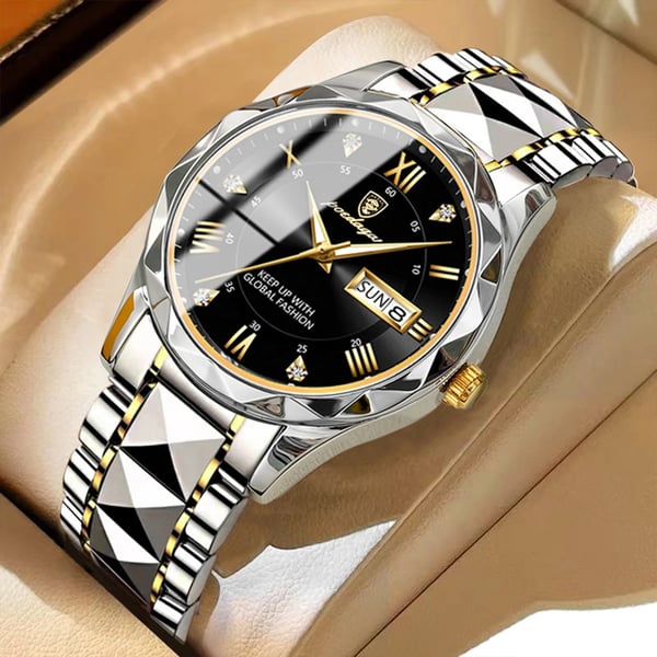 Men's waterproof luxury watch on wrist, showing luminous glow & date. Perfect daily wear accessory.