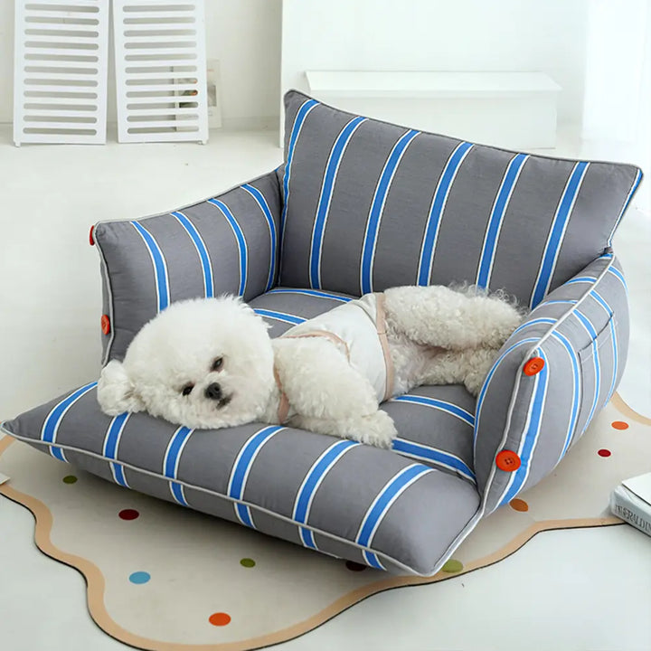 Durable pet lounging sofa, calming effect, machine washable dog bed for daily use