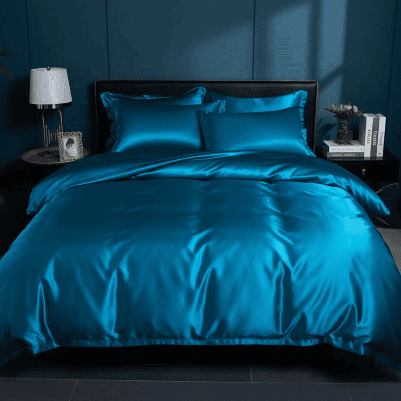 Luxury polyester bedding set for ultimate comfort in a modern bedroom; includes duvet cover, sheets & pillowcases.