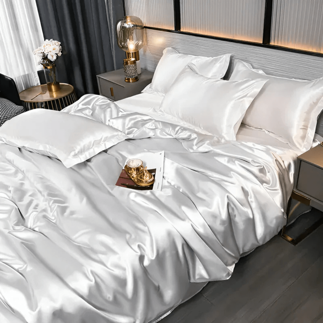Modern bedroom featuring a complete luxury polyester bedding set, enhancing home decor with ultimate comfort.
