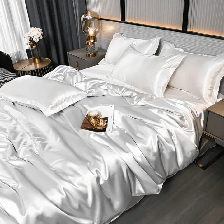 Modern bedroom featuring a complete luxury polyester bedding set, enhancing home decor with ultimate comfort.