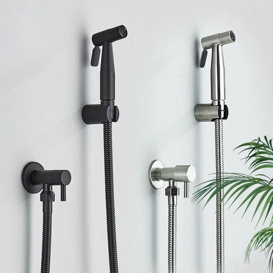 Luxury PureFlow bidet hand shower in polished stainless steel for superior personal hygiene & freshness.