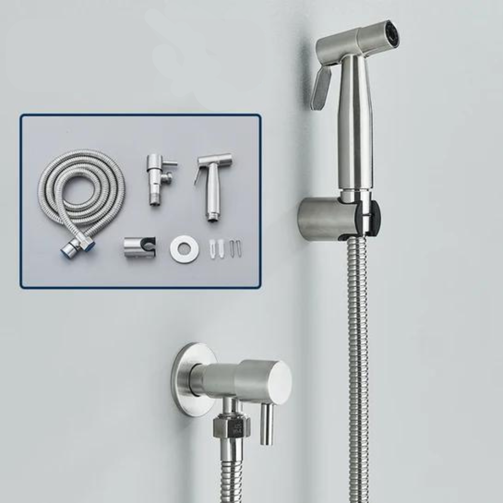 Sleek stainless steel PureFlow bidet hand shower, designed for comfortable, precise personal care and hygiene.