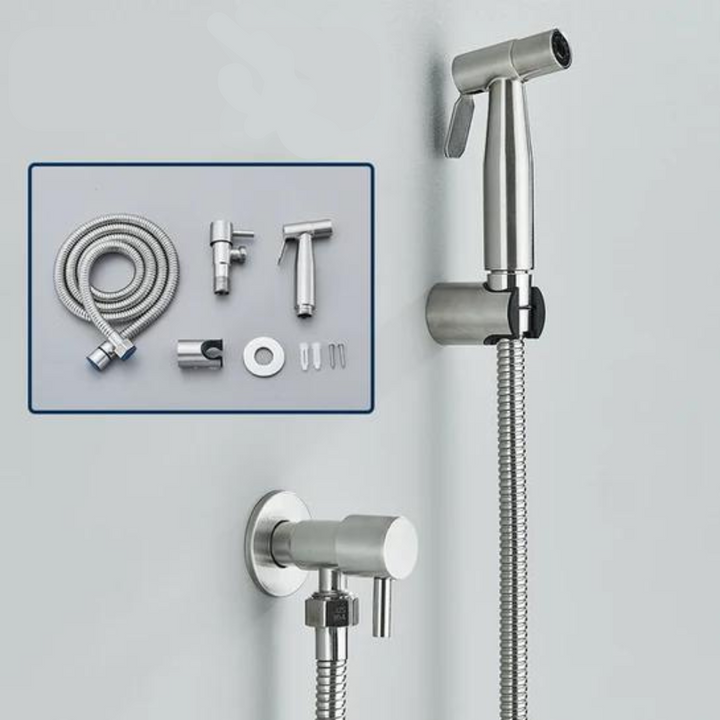 Sleek stainless steel PureFlow bidet hand shower, designed for comfortable, precise personal care and hygiene.