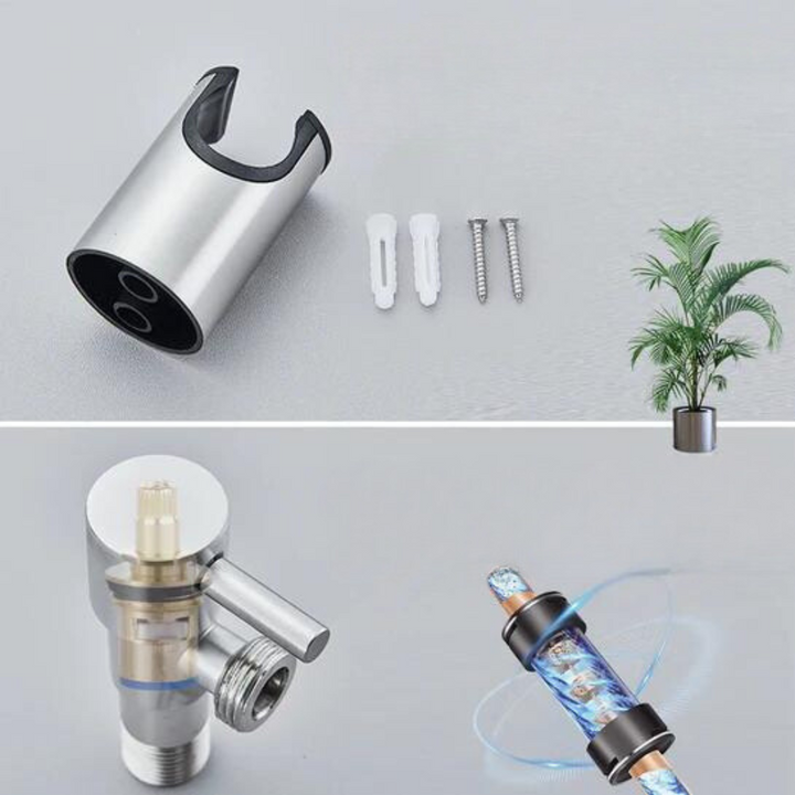 Premium PureFlow bidet hand shower, a versatile stainless steel bathroom accessory for improved personal hygiene.