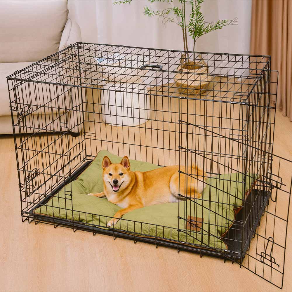 Puppy sleeping soundly on a plush, calming dog bed mat, ultimate comfort