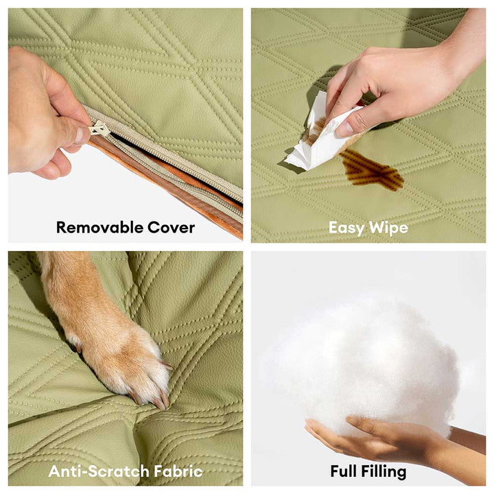 Close-up of water repellent faux leather dog mat texture, easy clean pet bed