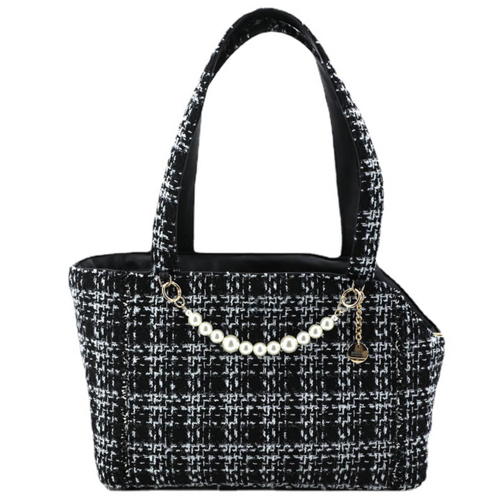 High-quality tweed checkered pet carrier bag with sturdy handles for reliable pet transport.