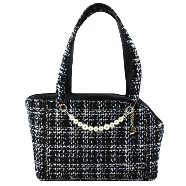 High-quality tweed checkered pet carrier bag with sturdy handles for reliable pet transport.