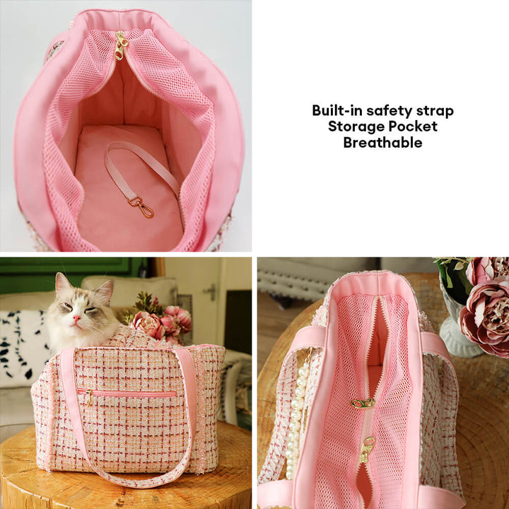 Exquisite luxury pet carrier in tweed checkered design, a fashionable dog or cat bag.