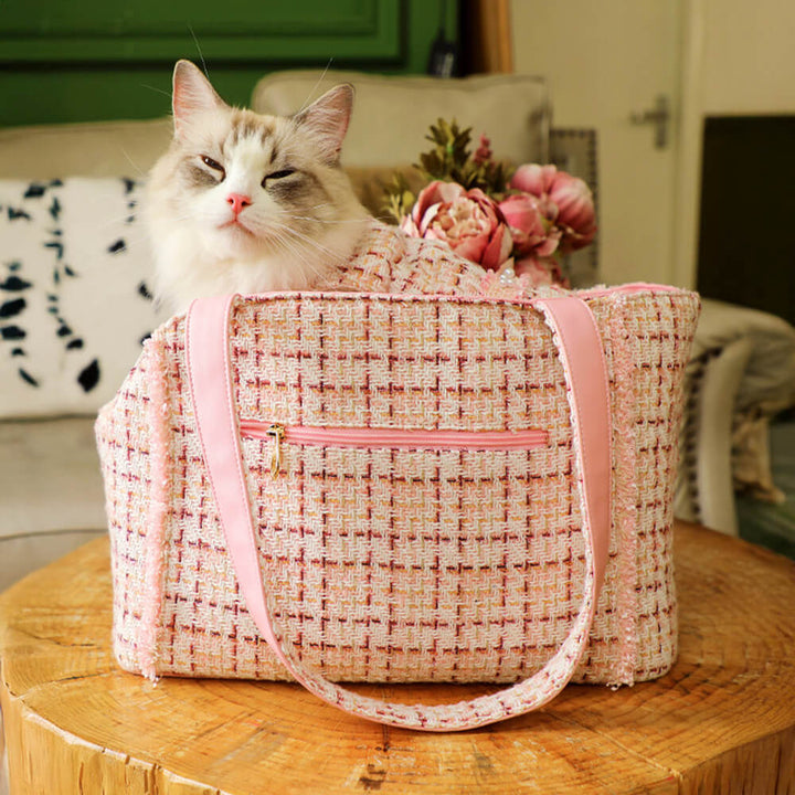 Durable pet accessory: luxury tweed checkered pet carrier bag for secure pet transport.
