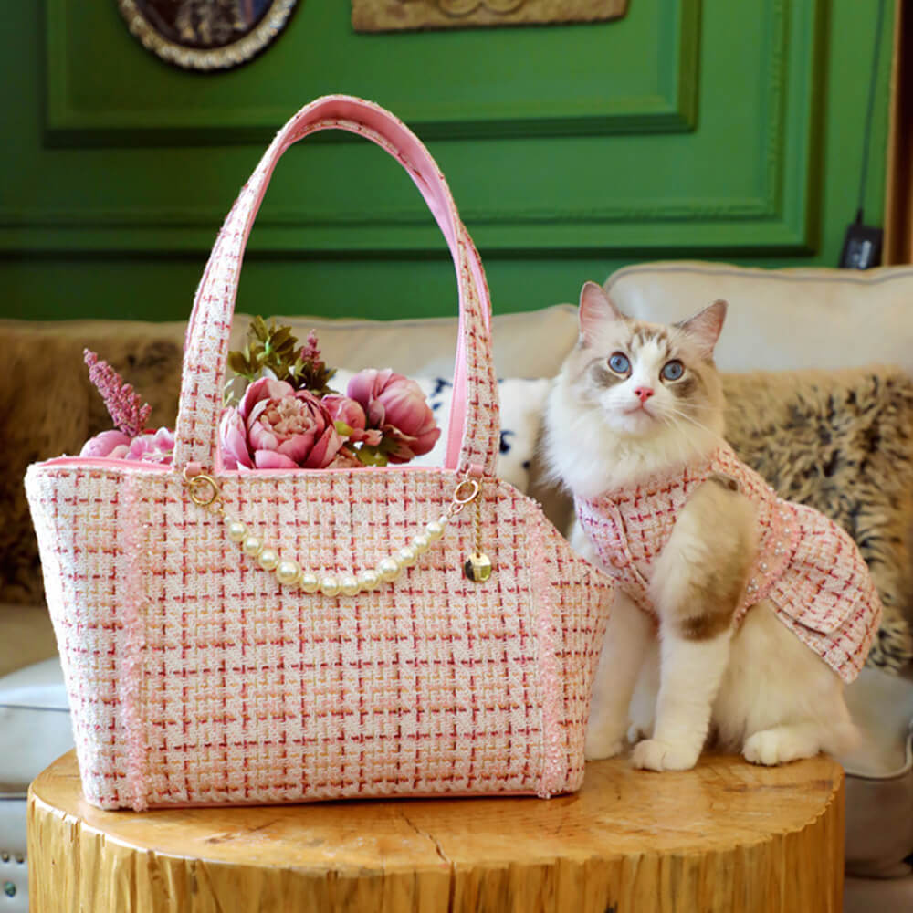 Luxury tweed pet carrier bag for small dogs and cats, plush interior, airline approved travel.